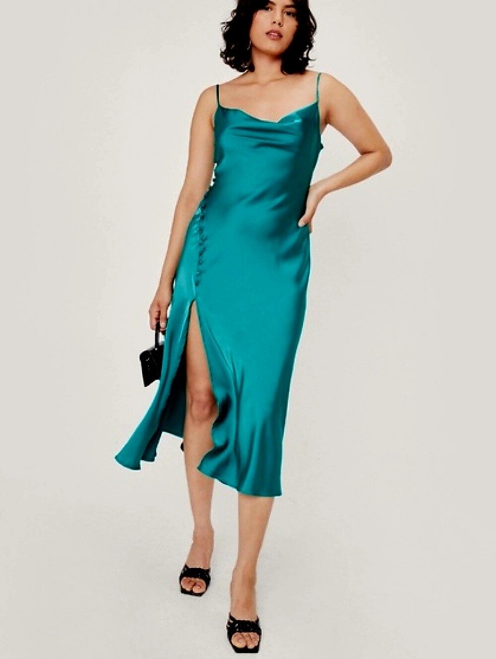 NWT Nasty Gal Satin Button Side Slit Leg Cowl Neck Midi Slip Dress Teal Dainty S